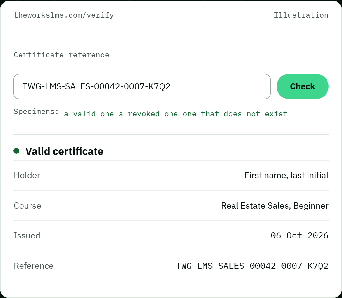 An illustrated public certificate check page showing a valid certificate